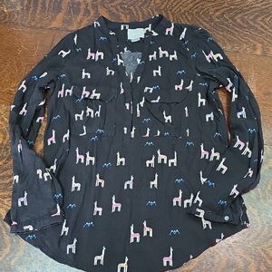 Maeve for Anthropologie Llama Print Moonflower Pullover Henley Blouse
